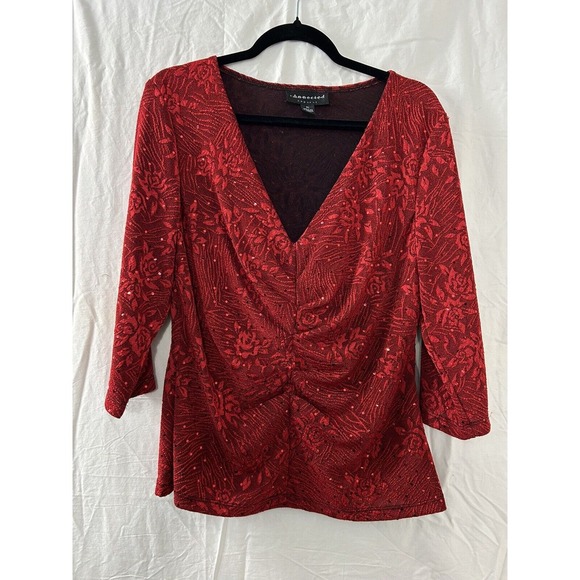 Connected Apparel Red Sparkle Sequin Top Women's Size‎ XL Fitted V-Neck Shirt - Picture 1 of 12